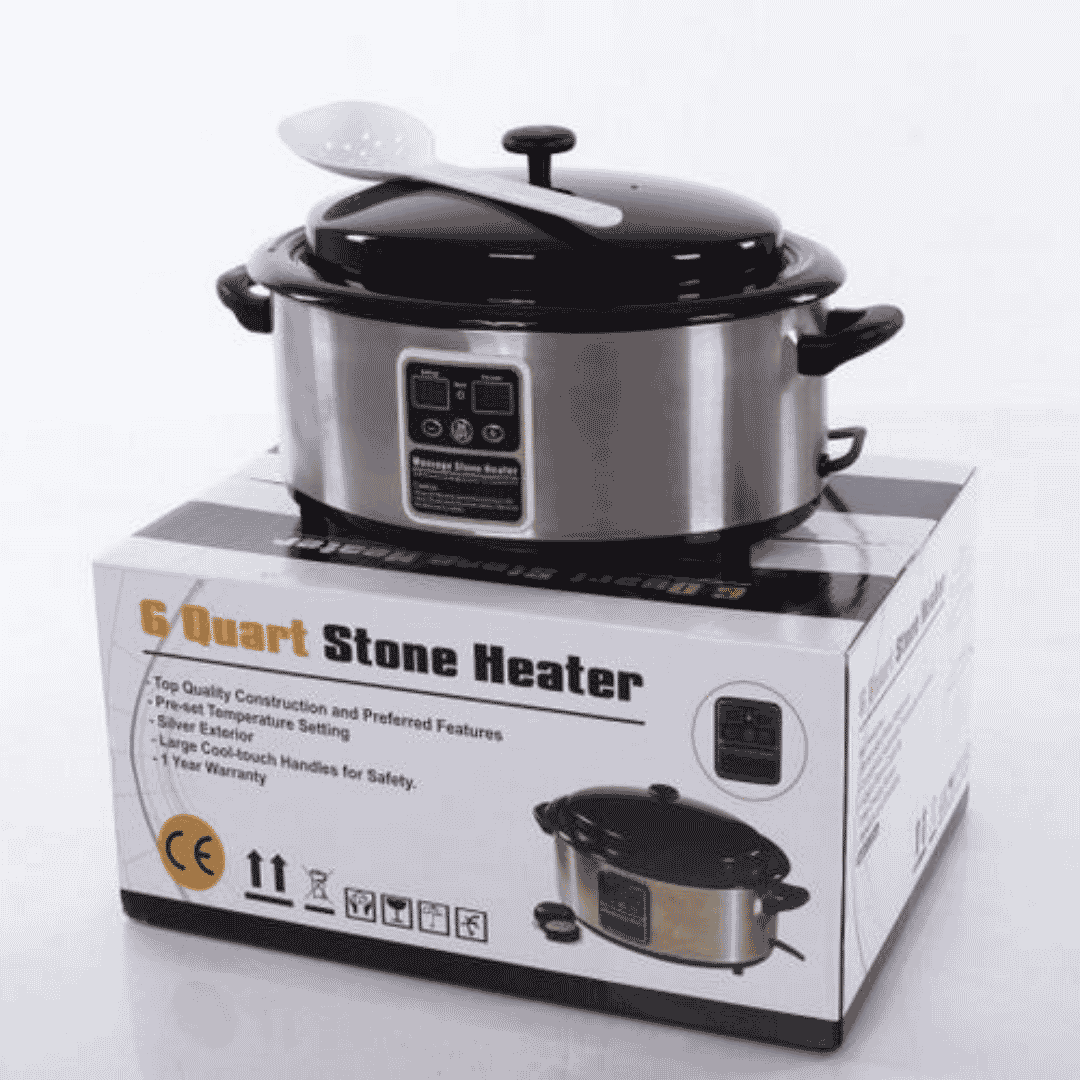 6-quart stone heater with black lid on a white background