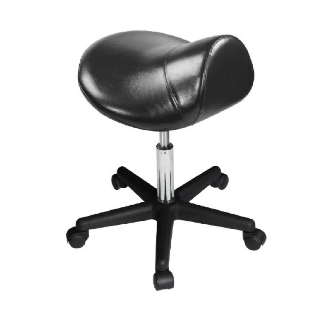 Black saddle-style stool on a white background