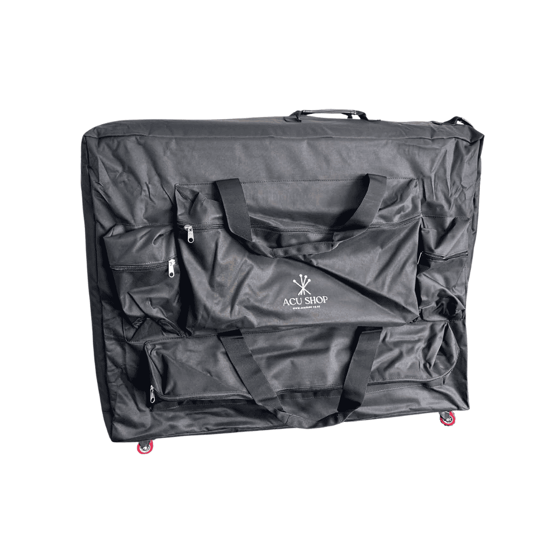Black massage table carrying bag with wheels on a white background