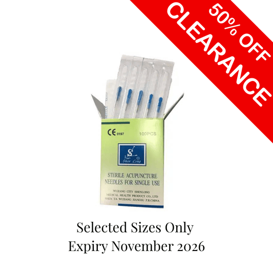 Sterile acupuncture needles in a light green and white box with blue accents, shown on a white background with a red diagonal '50% OFF CLEARANCE' banner and text below reading 'Selected Sizes Only Expiry November 2026'.